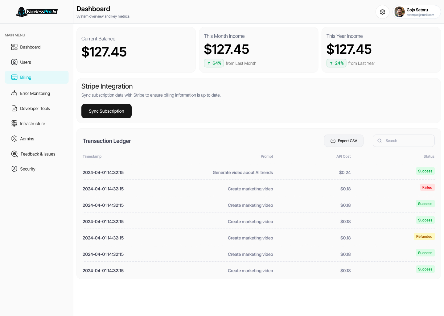 Stripe integration & transaction ledger