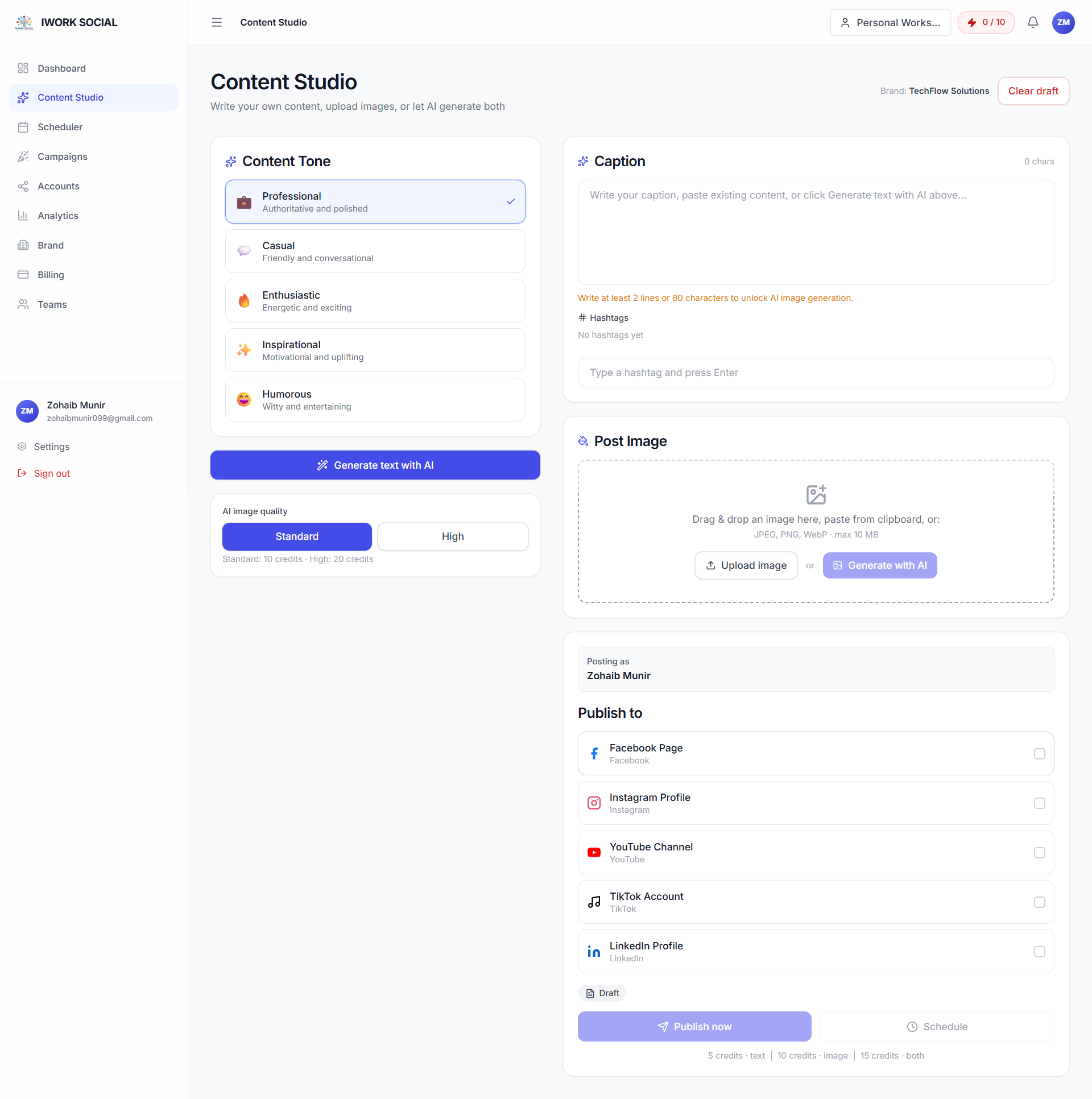 Content Studio — tone, caption, hashtags